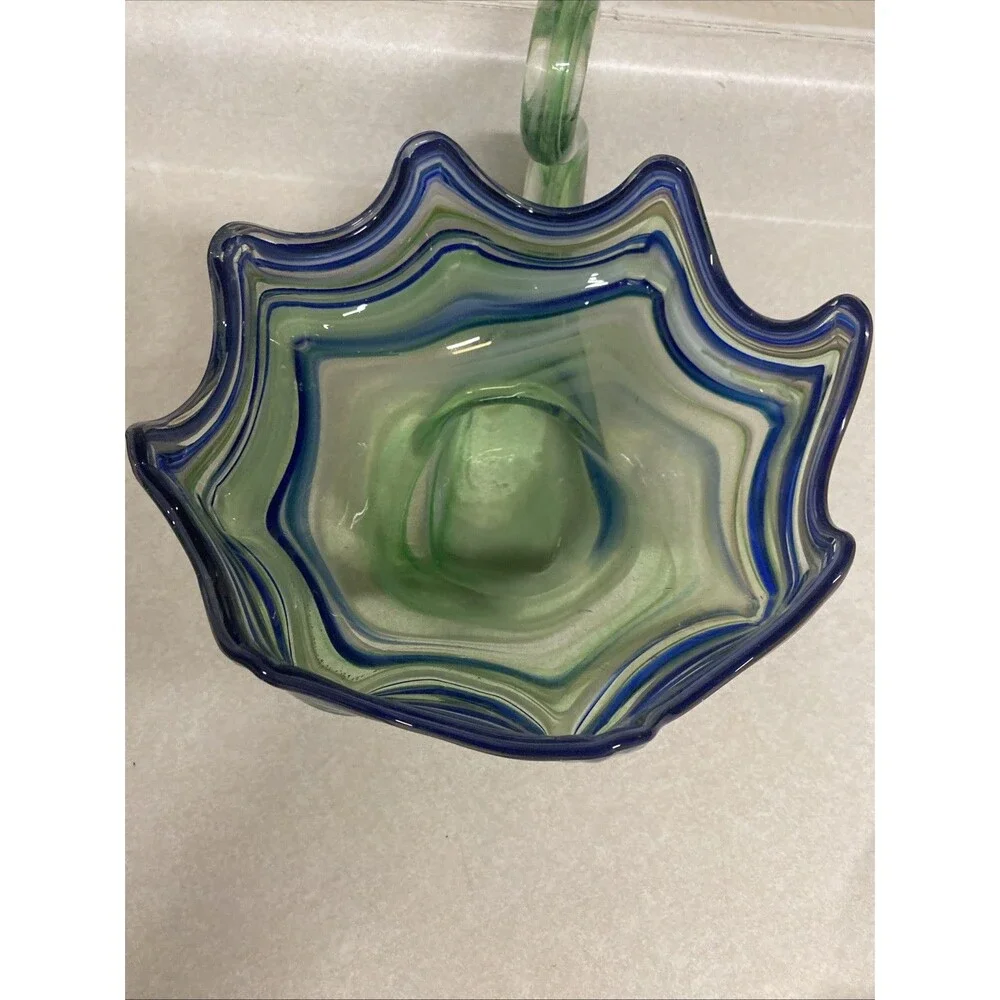 Vintage Green And Blue Swirl Art Glass Swan Bowl